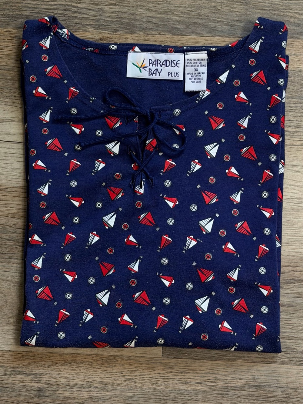 Paradise Bay Plus Navy Short-Sleeve Tie-Neck Sailboat Tee